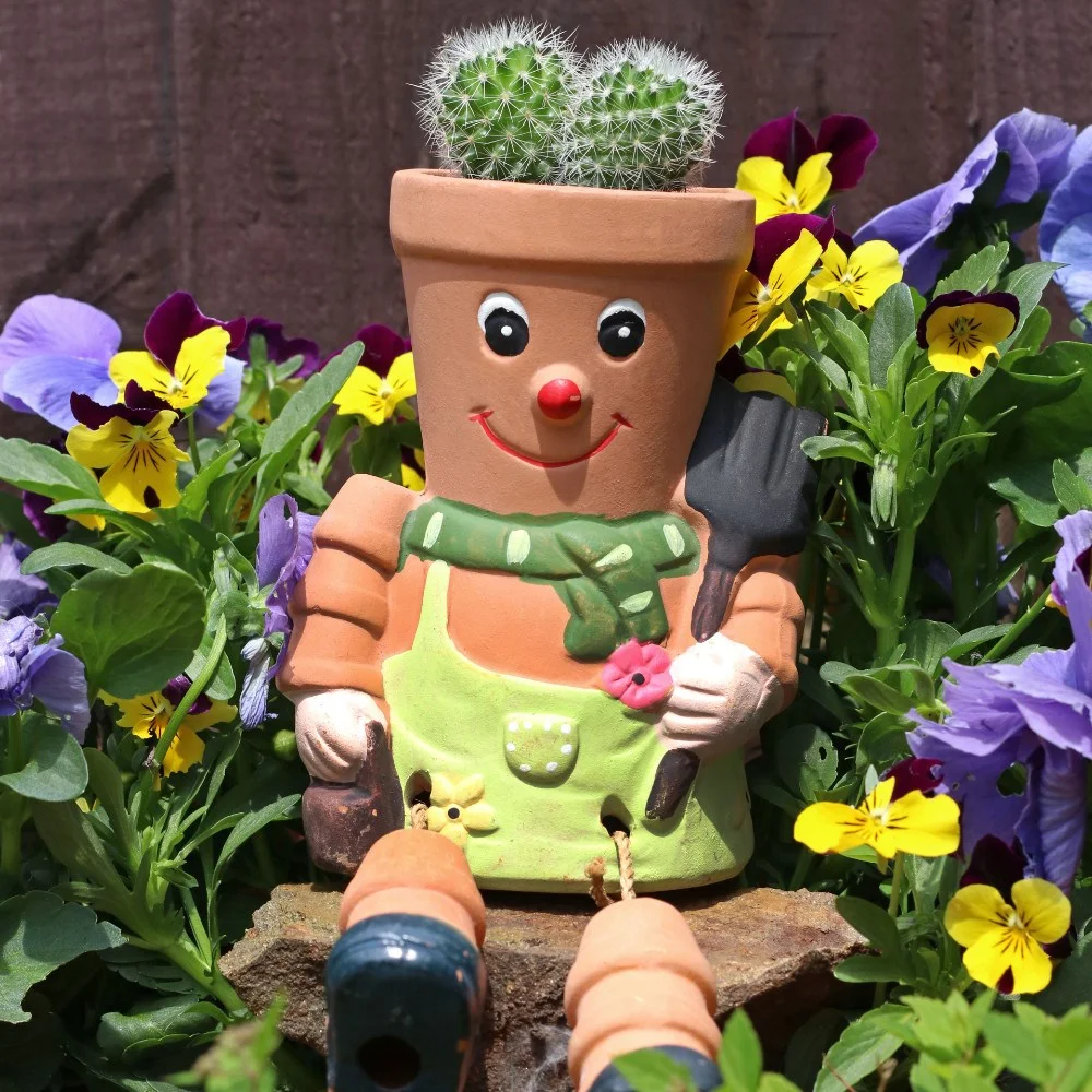 Terracotta planter pot shaped like a man with a small flower planted on top as a botanical hairstyle