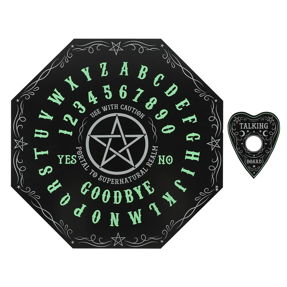 Octagon glow in the dark spirit board with pentagram design and planchette on a white background
