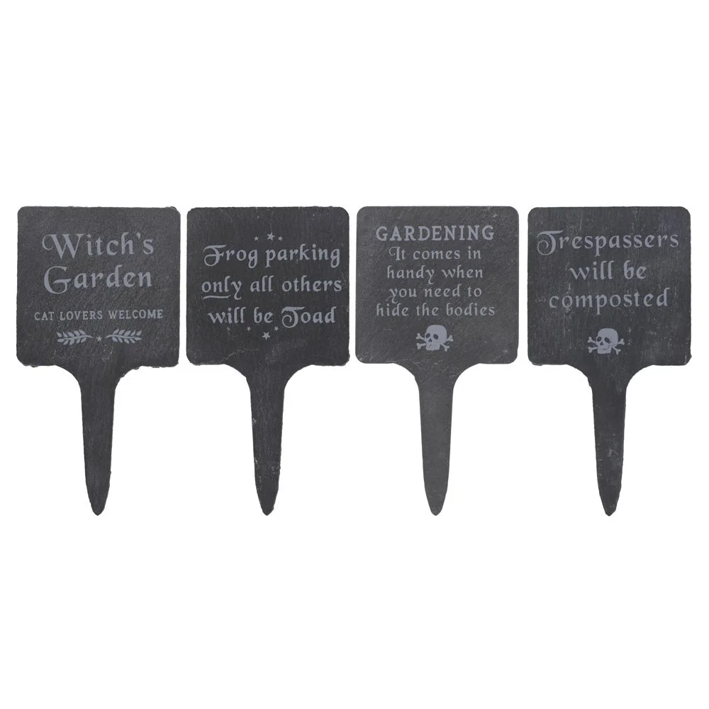 Set of 4 dark slate garden signs with humorous Gothic text, sized 19cm by 10cm, ideal for garden decoration