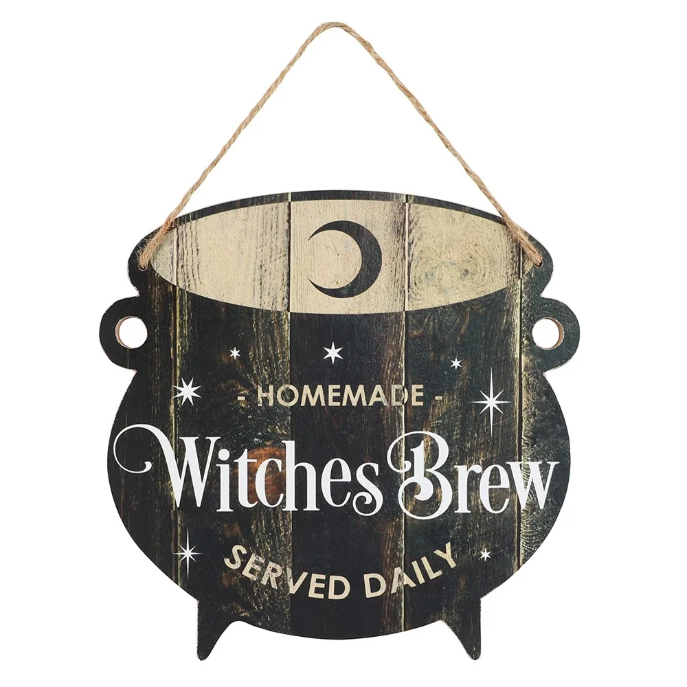 Witches brew hanging sign shaped like a black cauldron with white text, 25cm square MDF Halloween decoration