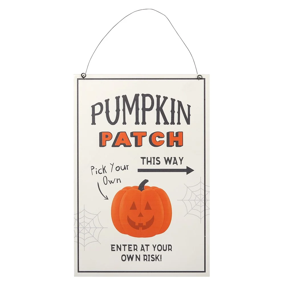 30cm Halloween hanging sign with smiling jack-o'-lantern, spider webs, and arrow pointing to pumpkin patch