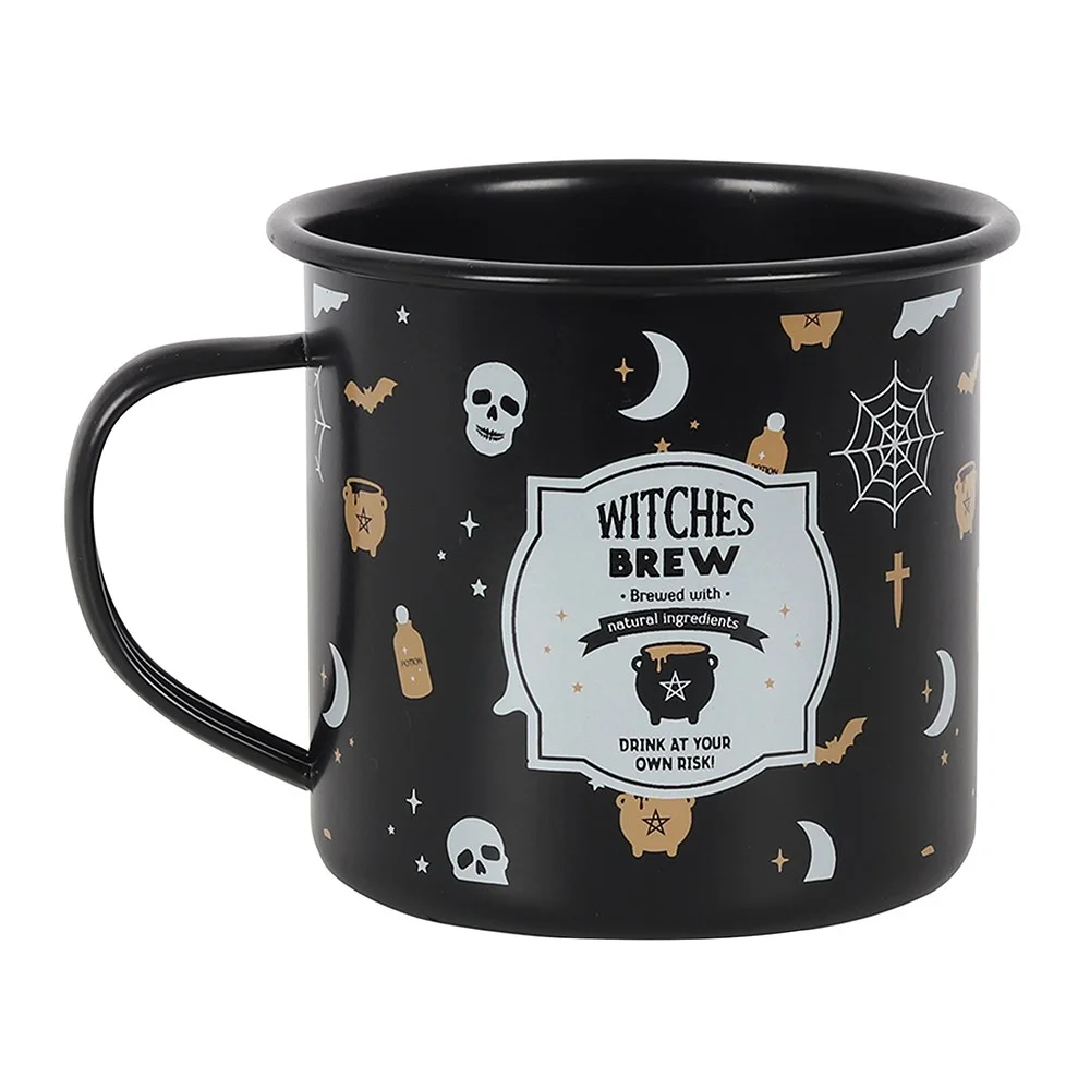 Halloween enamel mug with vintage 'Witches Brew' print in black and orange, filled with a hot pumpkin spice latte