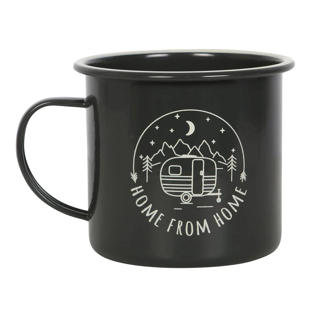 White enamel camping mug with retro caravan illustration and 'Home from home' text, lightweight and easy to clean