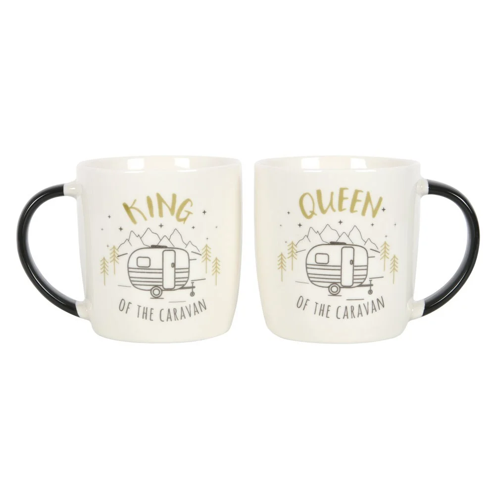 Caravan mug set of two 500ml ceramic mugs featuring King and Queen caravan illustrations, dishwasher safe