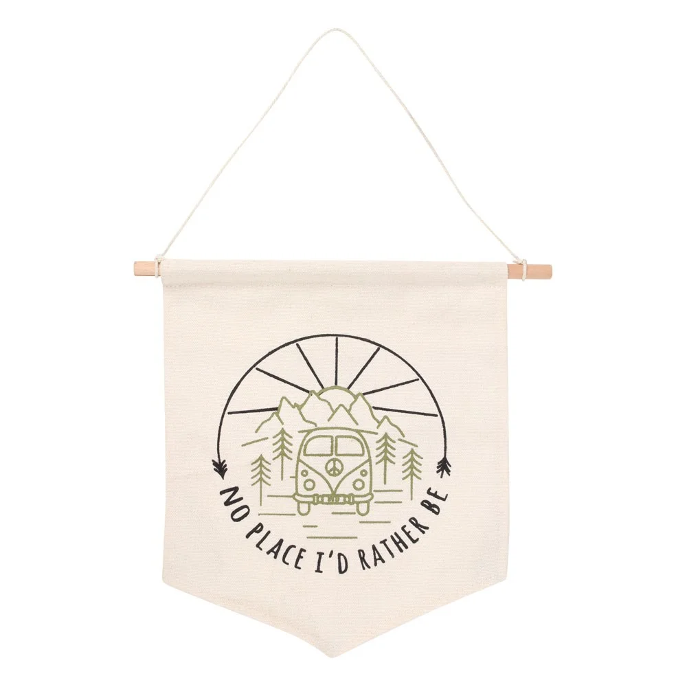 Retro campervan illustration with 'No Place I'd Rather Be' text on a hanging fabric flag measuring 27x28cm