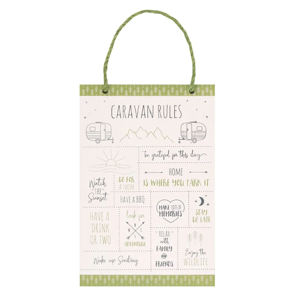 Happy Camper caravan sign with 30cm tall hanging wooden plaque featuring caravan rules in black and white design