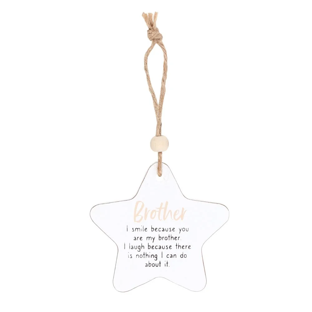 White wooden brother hanging star with sentimental text, twine hanger, and wooden bead, 8cm by 8cm.