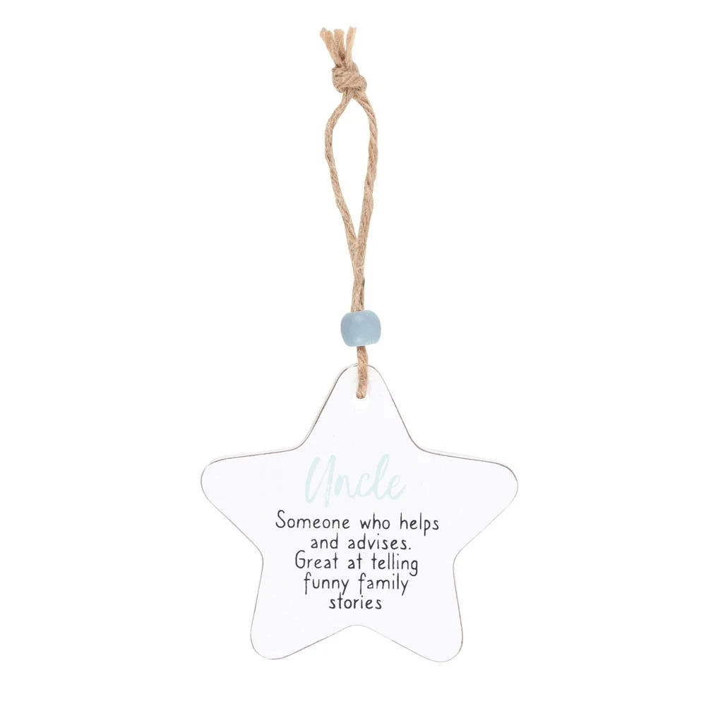 White wooden star uncle sentiment sign with twine hanger and wooden bead, featuring family story quote, 8cm x 8cm