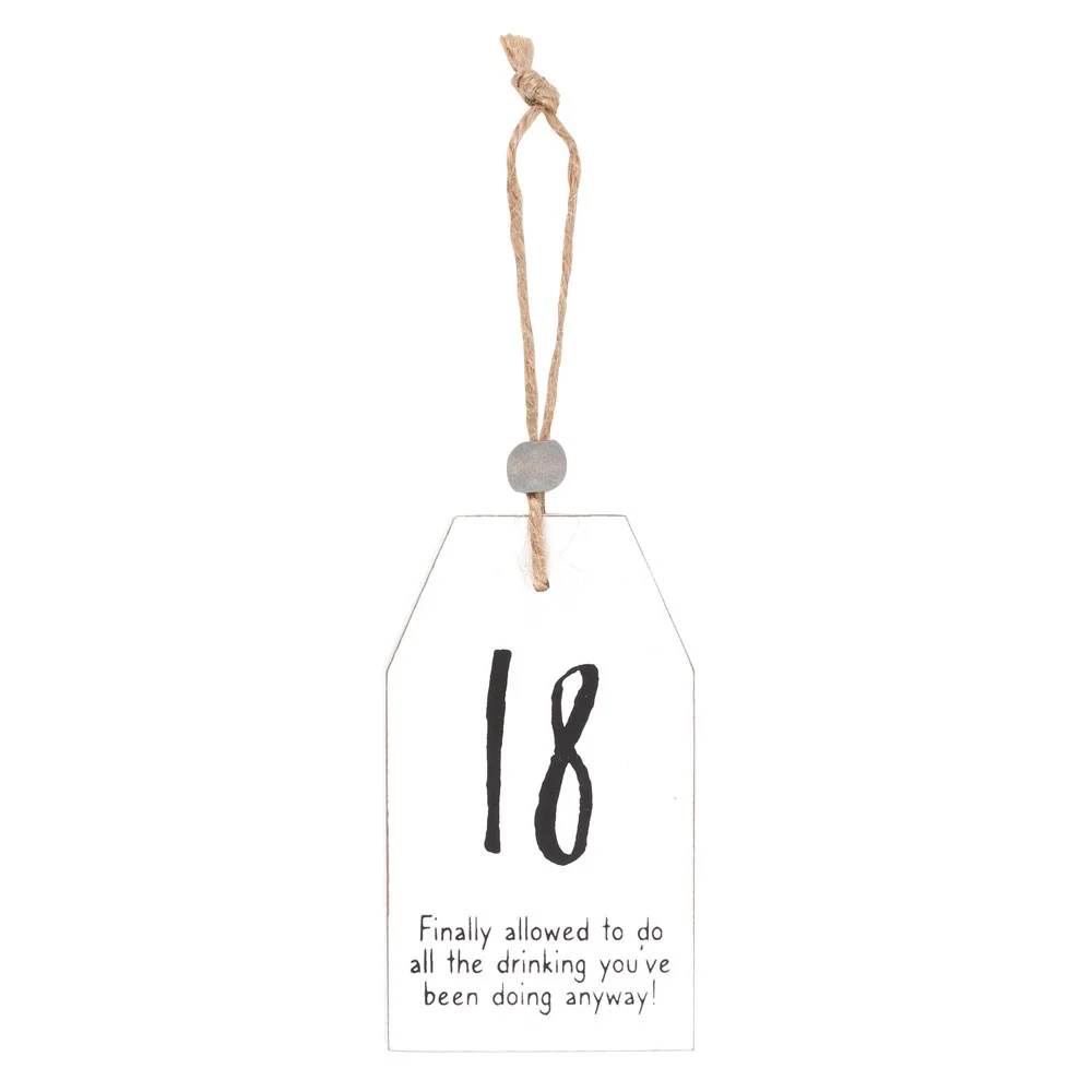 White wooden 18th birthday sign with humorous drinking message, twine hanger, and wooden bead, 8cm tall