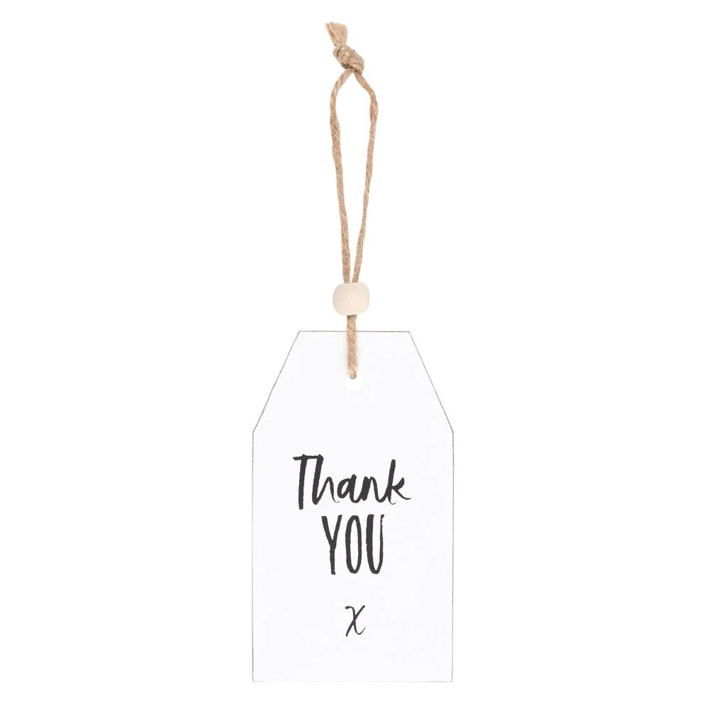 White wooden thank you hanging sign with twine hanger and wooden bead, shaped like a tag, 8cm tall