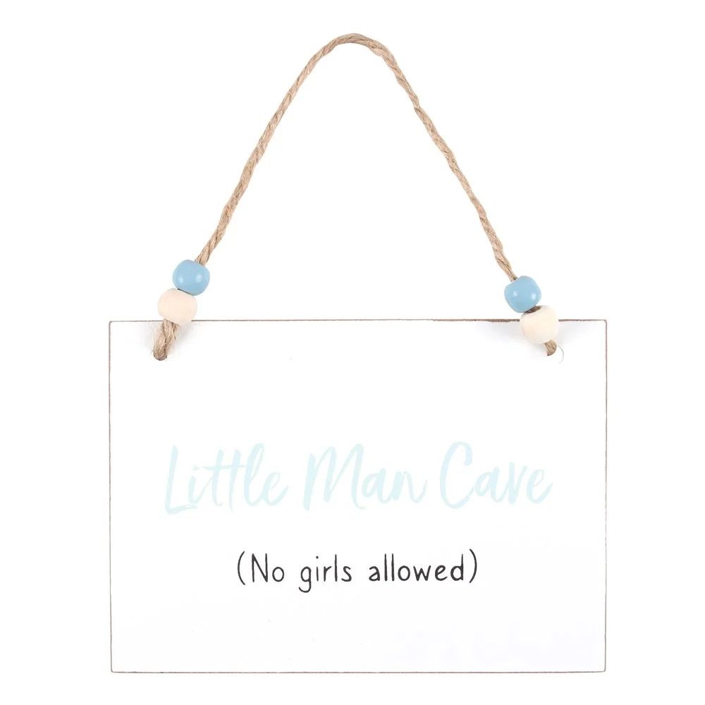 White wooden little man cave sign with "no girls allowed" text, twine hanger, and wooden beads, 10cm by 14cm