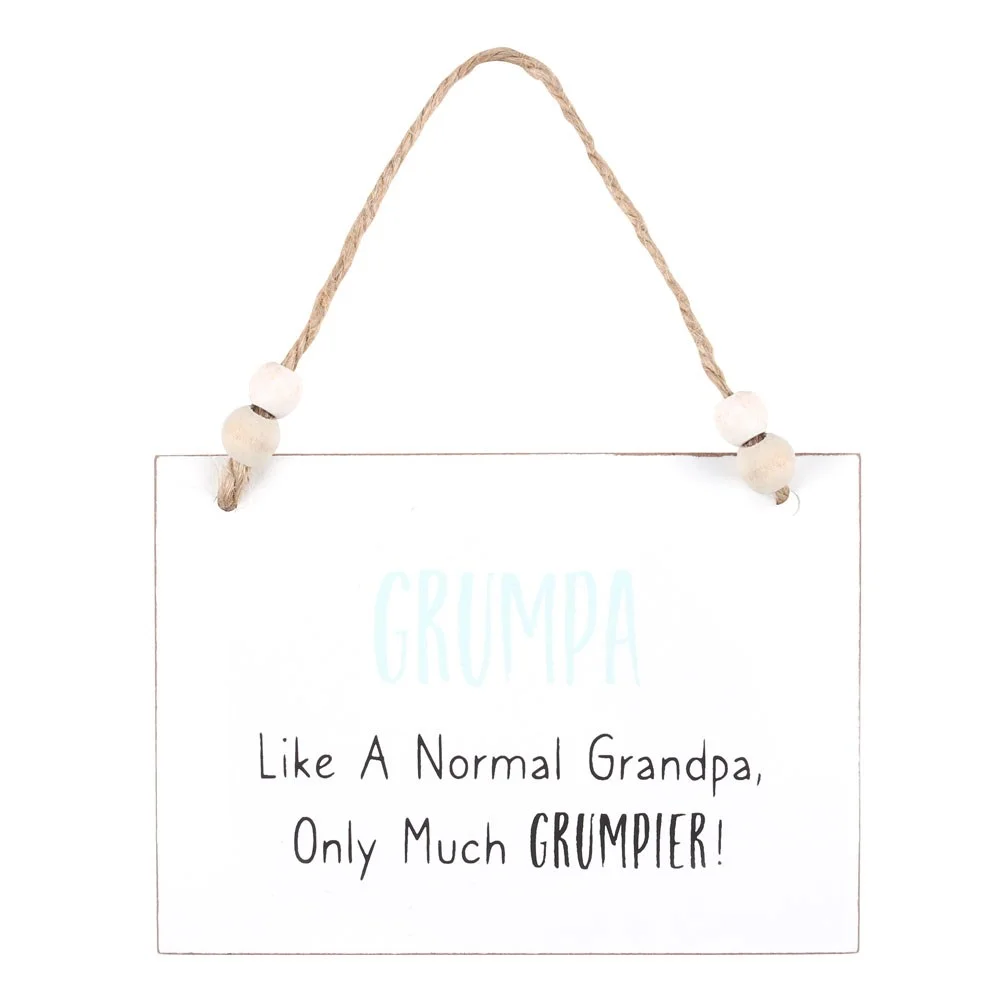 White wooden Grumpa hanging sign with text, twine hanger, wooden beads, measuring 10cm by 14cm