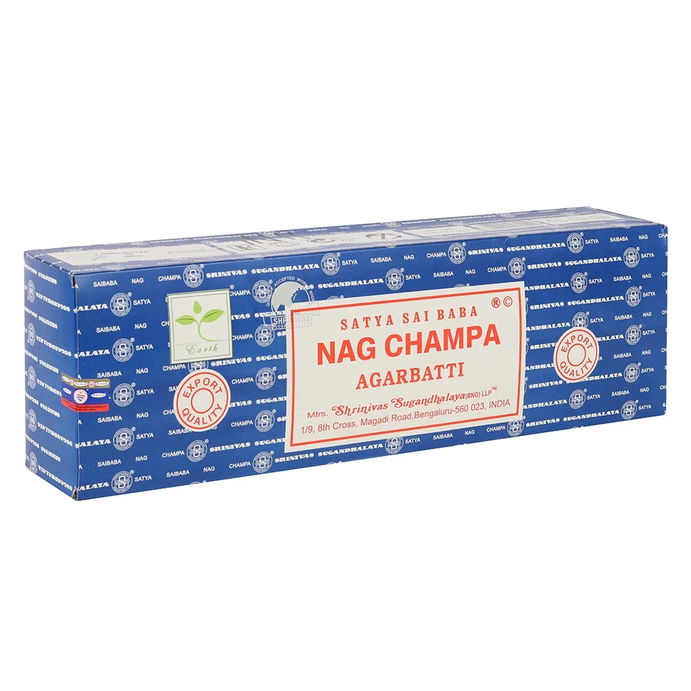 Six 50g packs of Sai Baba Nagchampa incense sticks arranged with colorful packaging showing traditional Indian designs
