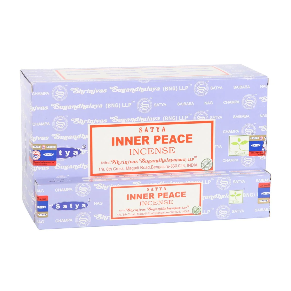 Set of 12 packs of Satya Inner Peace incense sticks with lavender and white sage scent in colorful boxes