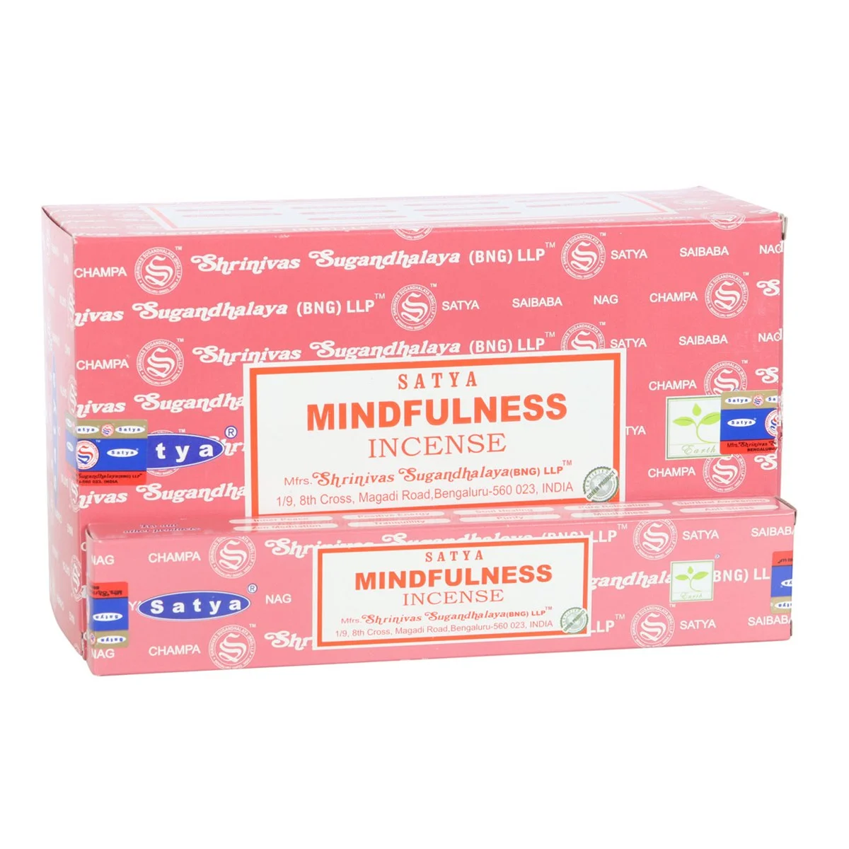 Set of 12 packs of Satya mindfulness incense sticks with oodh and cinnamon scent in blue and white packaging