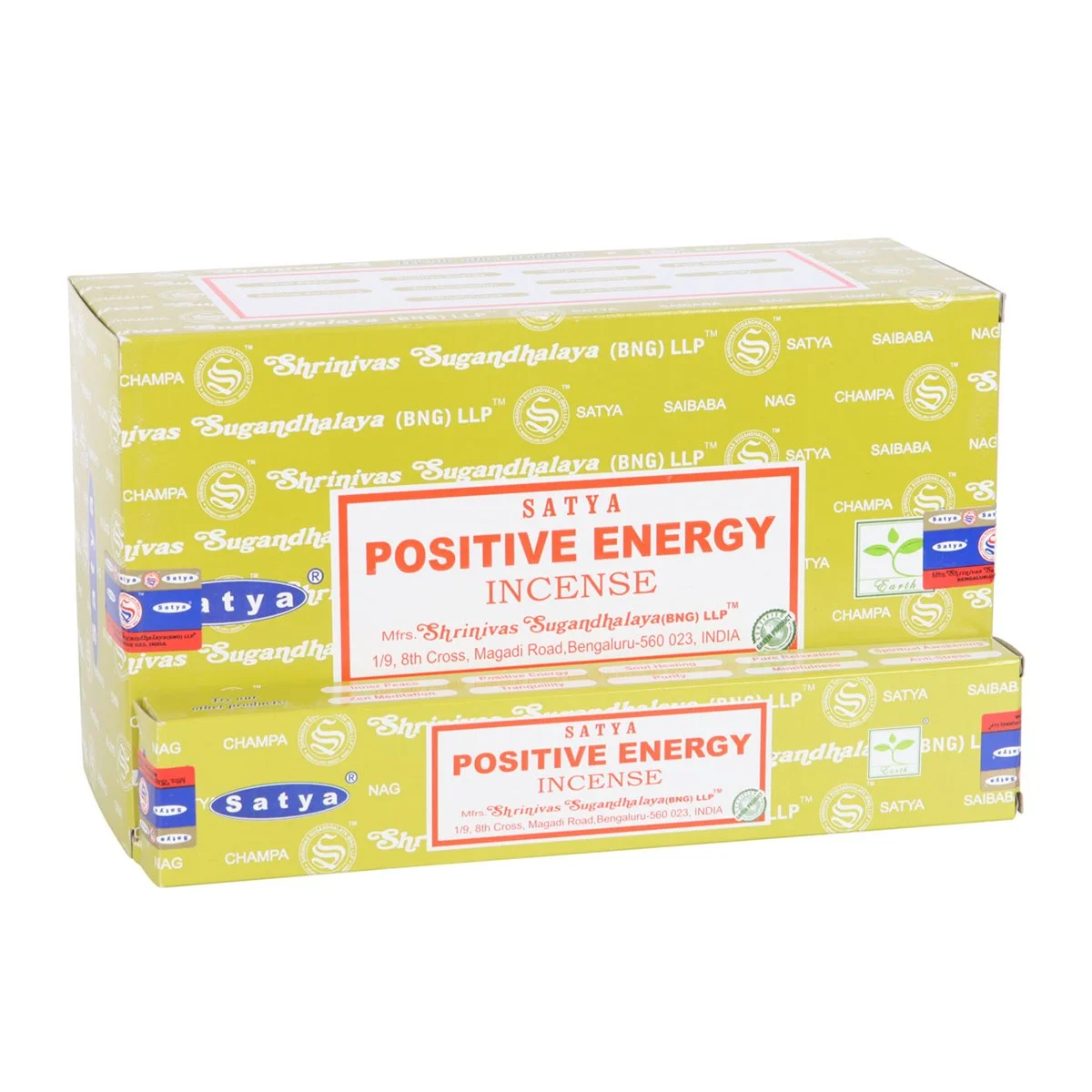 Box of 12 Satya Positive Energy incense sticks packs with lemongrass and rose scent, vegan friendly, 15g each