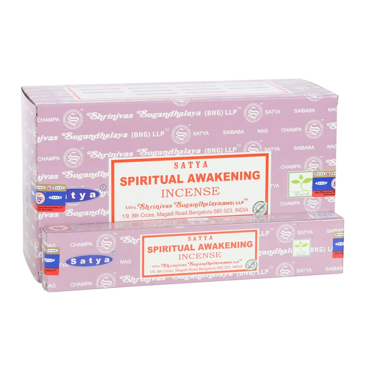 Box set of 12 packs of Satya spiritual awakening incense sticks with sandalwood and jasmine scent on white background