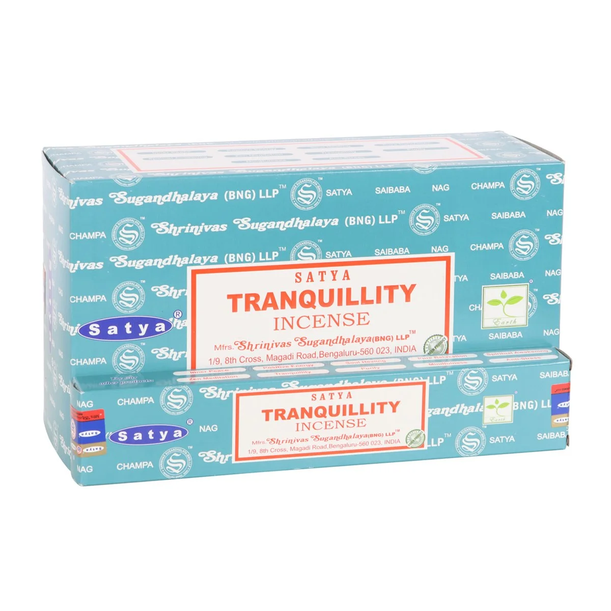 Box containing 12 packs of Satya tranquility incense sticks with dragon's blood and patchouli scent for peace and mindfulness