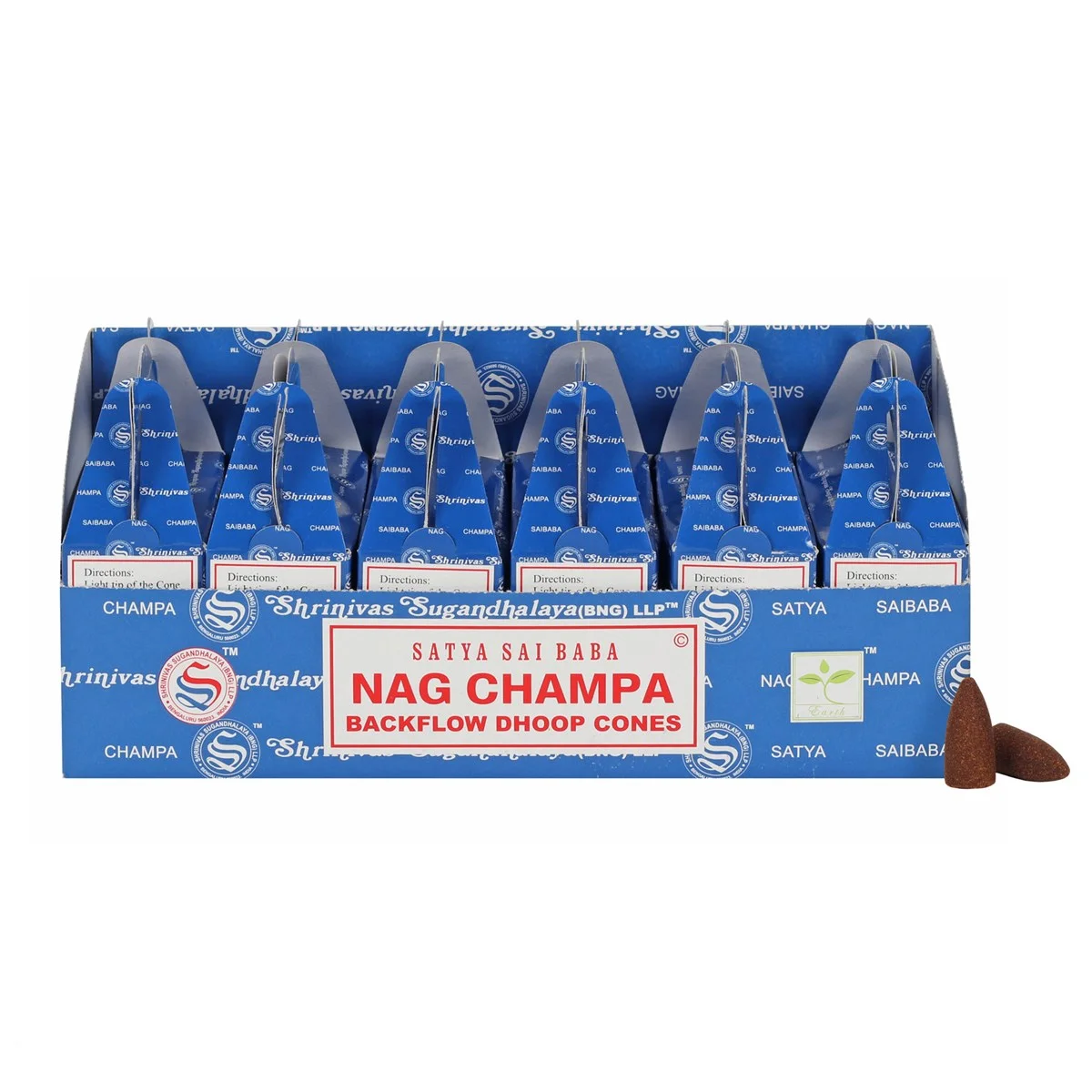 Set of 6 packs of Nag Champa incense cones by Satya, displayed in a branded box with vibrant packaging design