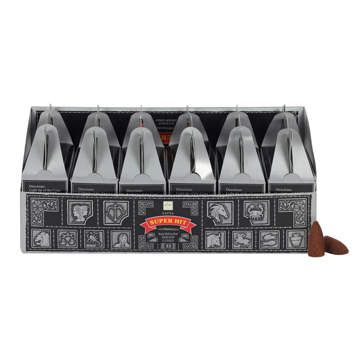 Set of 6 Satya Superhit backflow incense cones packets in a display box showing colorful packaging and branding