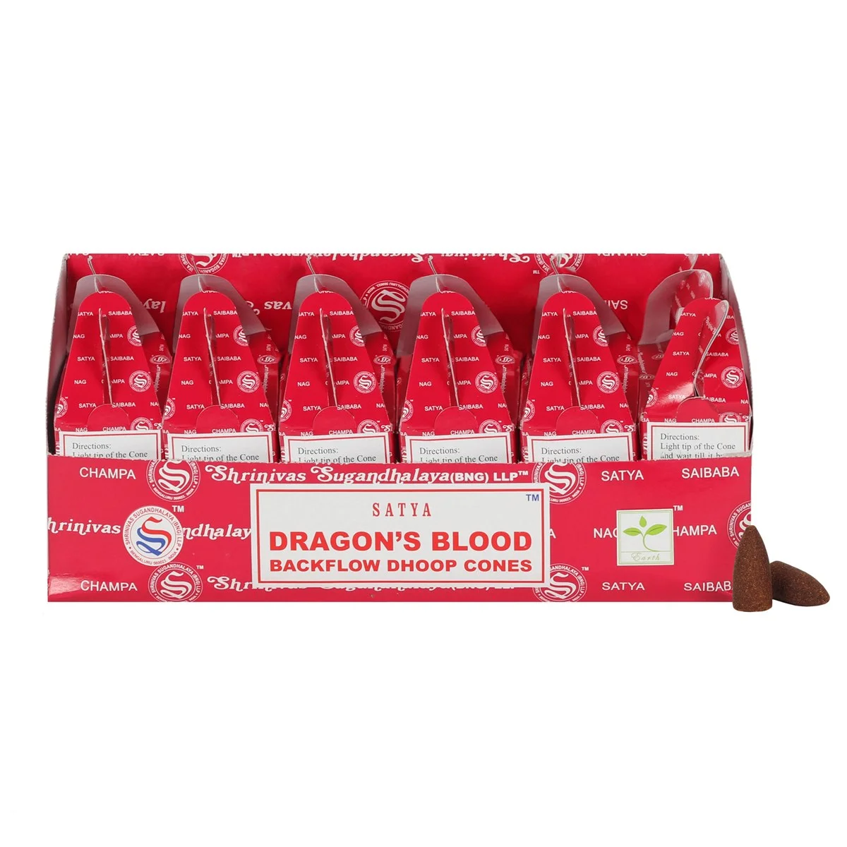 Set of 6 packs of Dragon's Blood incense cones by Satya in a display box, designed for backflow incense burners.