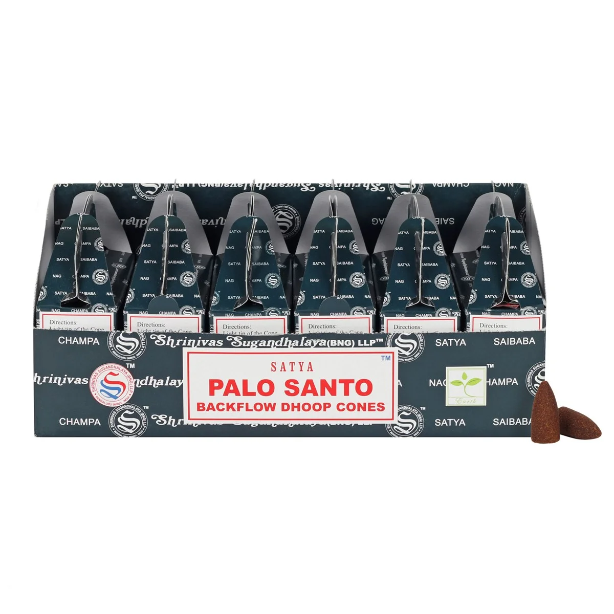 Set of 6 Satya Palo Santo incense cones packets in a display box with vibrant, traditional packaging design
