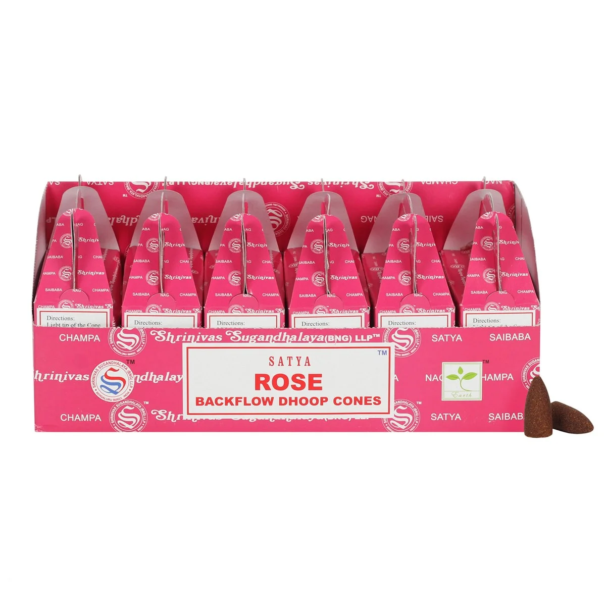 Set of 6 packets of Satya Rose backflow incense cones in a display box with floral packaging design