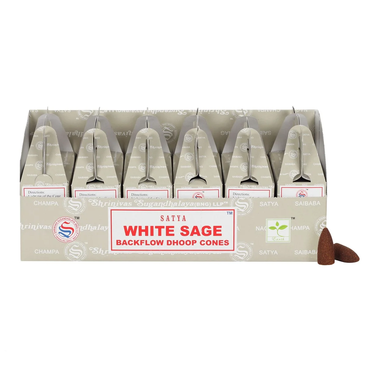 Set of 6 packs of white sage backflow cones by Satya in a display box with branded packaging and cone illustrations