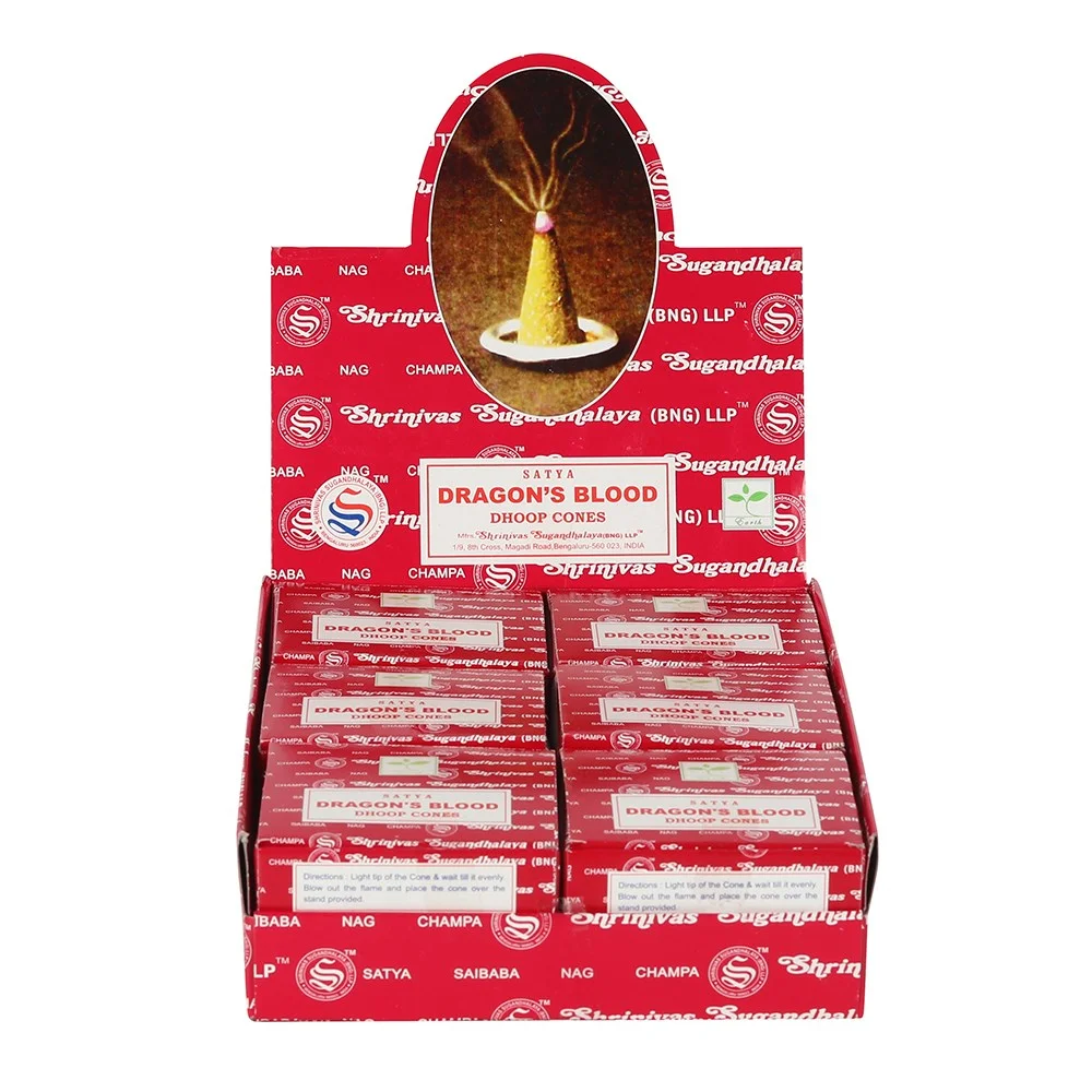 Set of 12 Satya Dragons Blood incense cones packs in a display box, each pack containing 12 cones for long-lasting fragrance