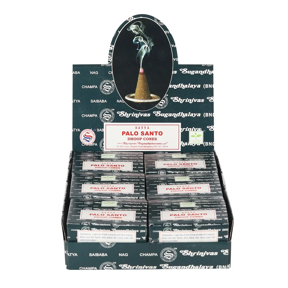 Display box with 12 packs of Satya Palo Santo incense cones, each pack containing 12 long-lasting cones