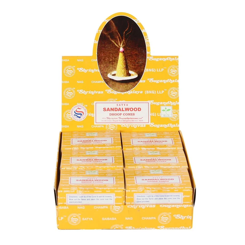 Set of 12 Satya sandalwood incense cone packs arranged in a display box, each pack containing 12 cones
