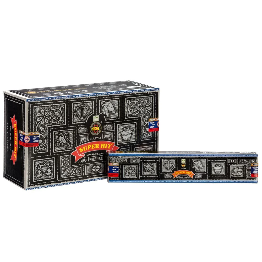 Box containing 12 packets of Satya Super Hit incense sticks with colorful packaging and floral design on each pack