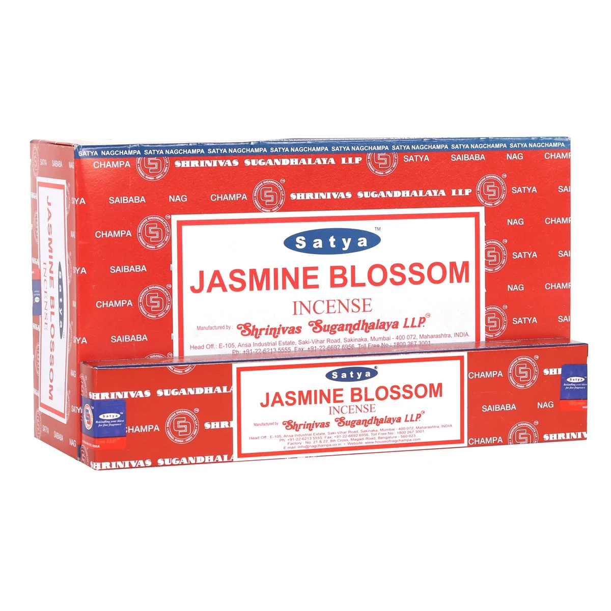 Box containing 12 packs of Satya Jasmine incense sticks, each pack with 10-12 vegan friendly sticks in floral packaging