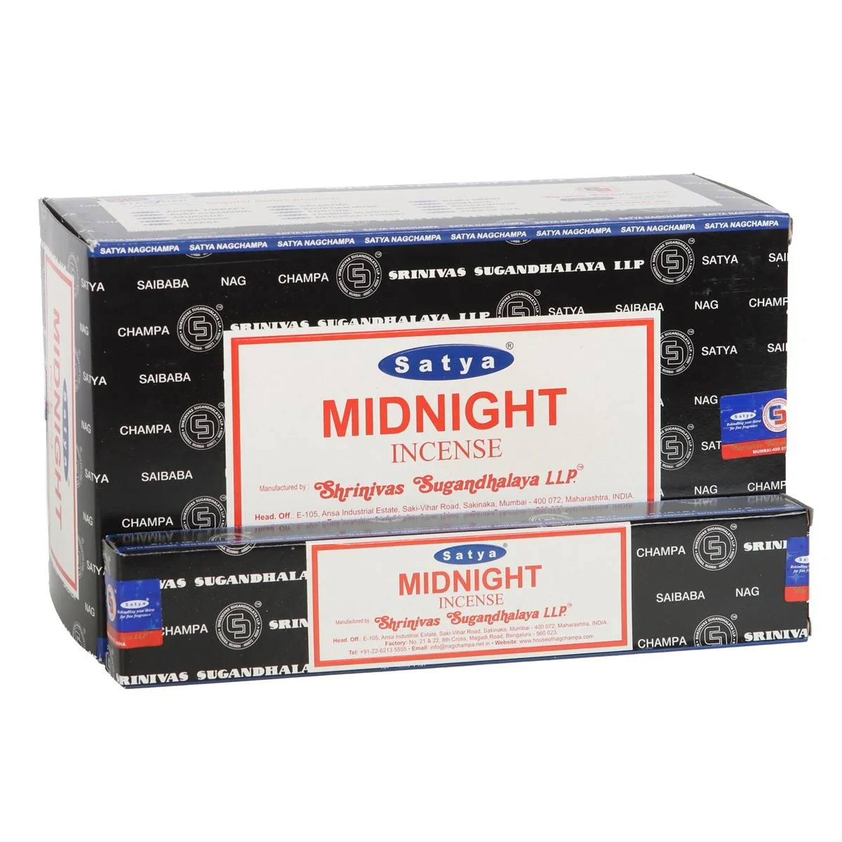 Set of 12 Satya Midnight incense sticks boxes with citrus and floral scent, stacked showing elegant packaging design
