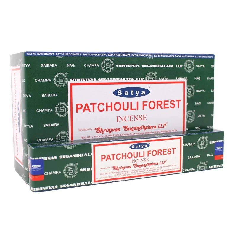 Twelve packs of Satya patchouli incense sticks featuring natural ingredients and vegan-friendly packaging