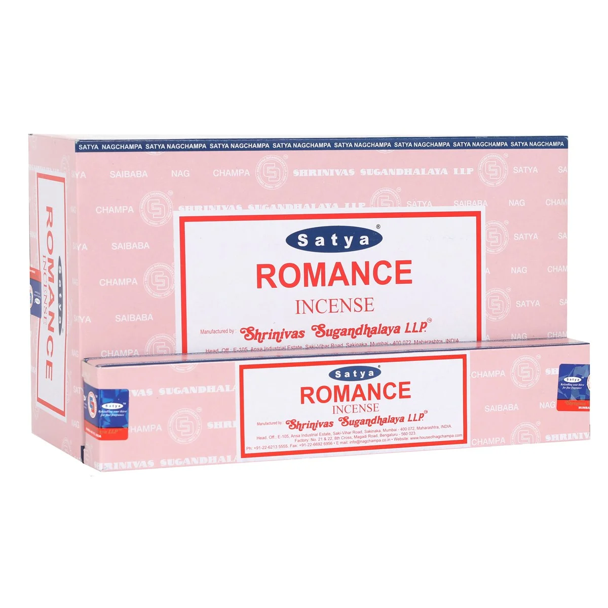 Box set of 12 packs of Satya romance incense sticks with floral and musk scent, each pack containing 10-12 sticks