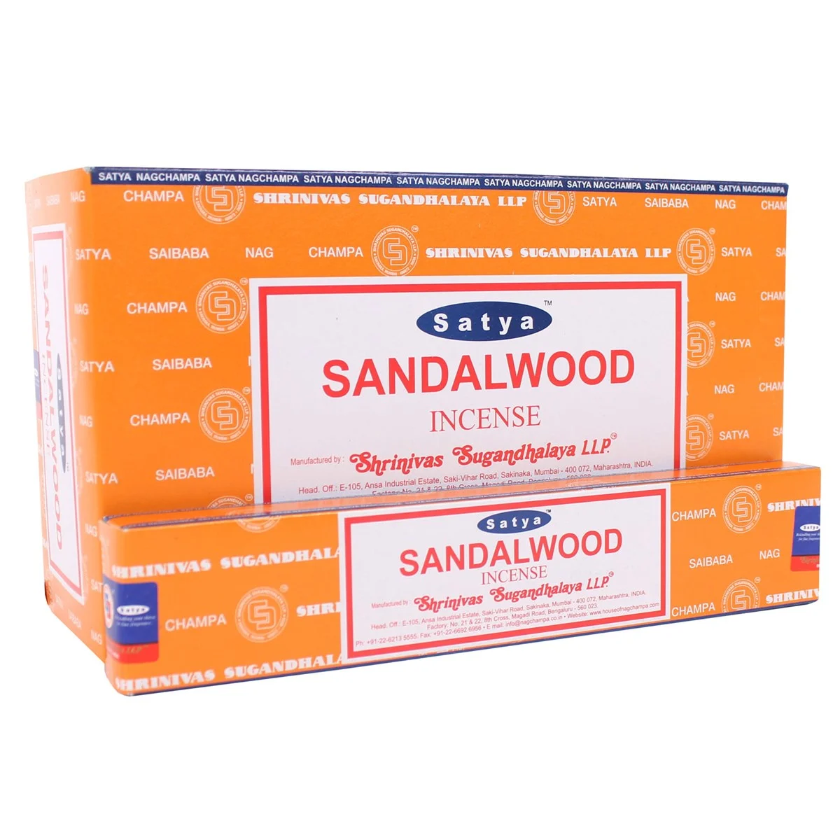 Box of 12 inner packs of Satya sandalwood incense sticks, handmade by artisans, each pack holds 10‑12 vegan‑friendly sticks