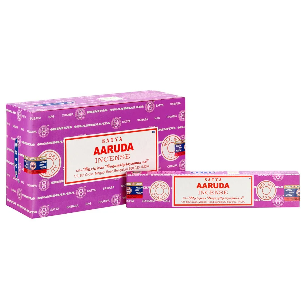 Set of 12 packs of Aaruda incense sticks by Satya, each pack containing 10-12 floral scented vegan sticks in rectangular box
