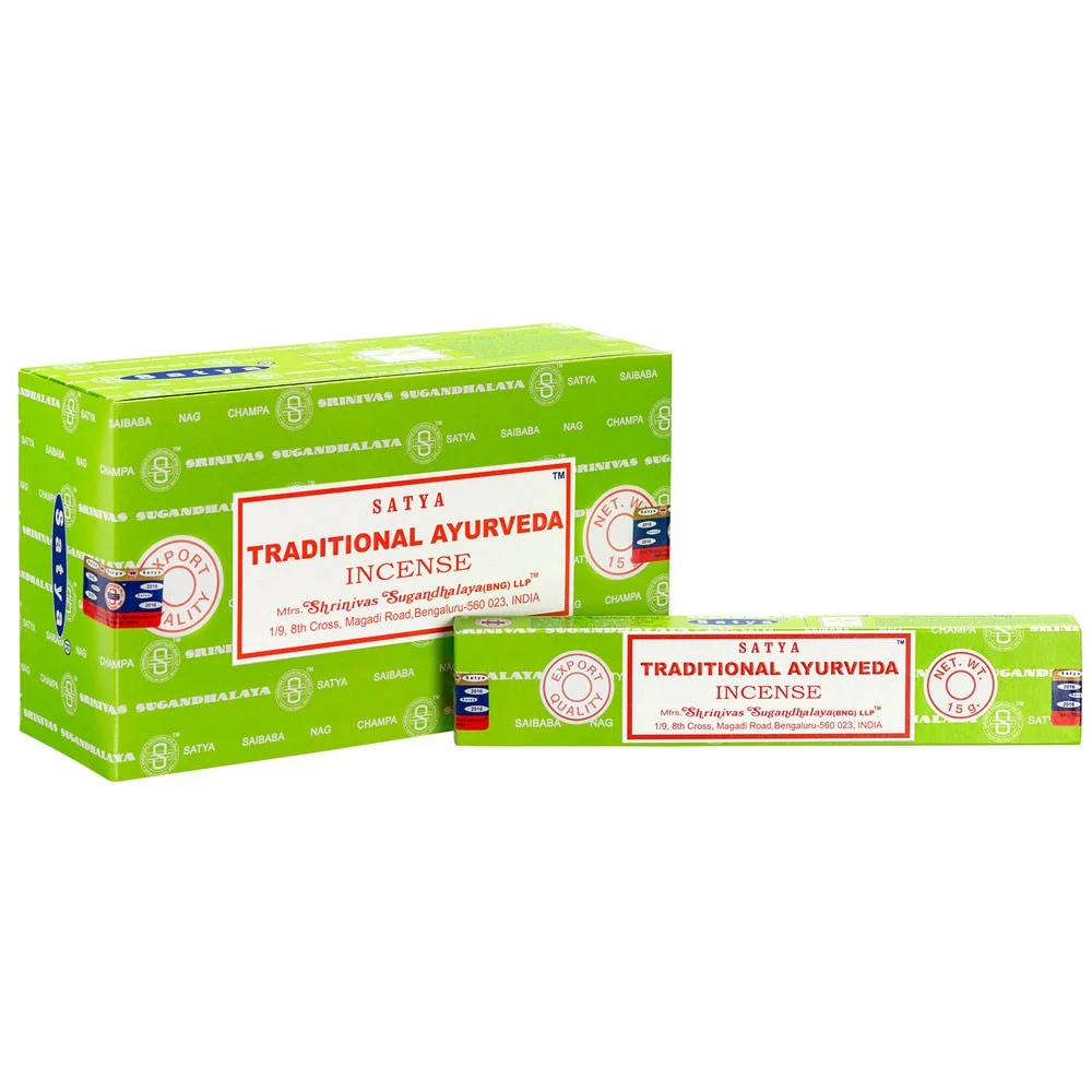 Box containing 12 packets of Satya Traditional Ayurveda incense sticks with herbal scent, each pack holding 10-12 sticks