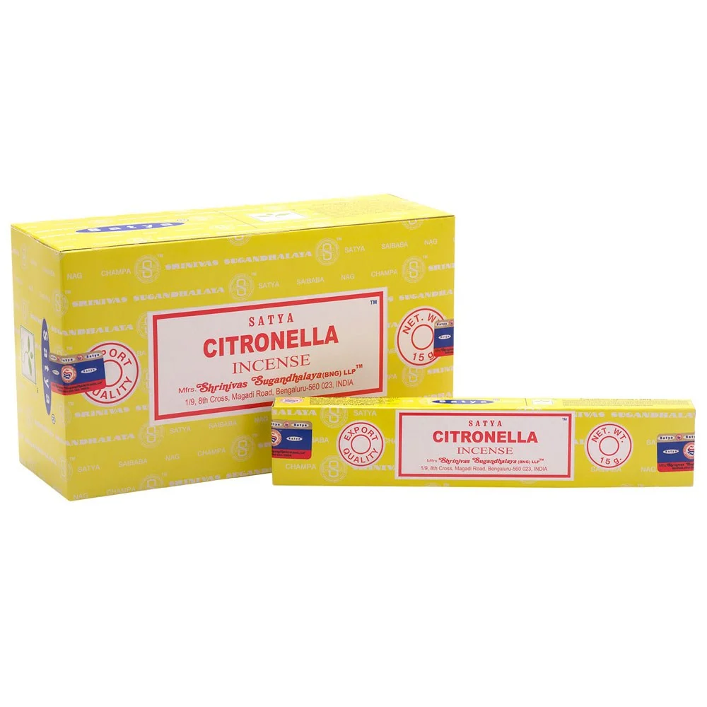 Set of 12 packs of Satya citronella incense sticks in a decorative box, each pack containing 10-12 vegan sticks