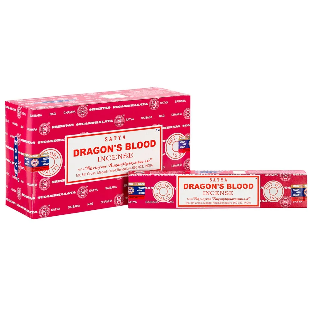 Box containing 12 packs of Satya dragon's blood incense sticks with red and gold packaging on white background