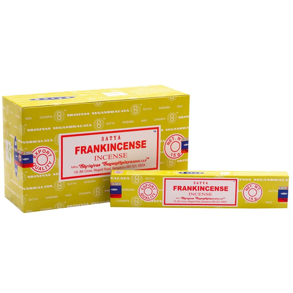 Box containing 12 packs of Satya Frankincense incense sticks with warm, spicy scent for relaxation and cleansing