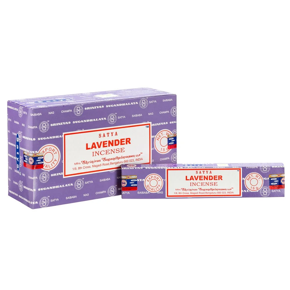 Box set of 12 Satya lavender incense sticks packs with floral scent for restful sleep, vegan and handmade in India