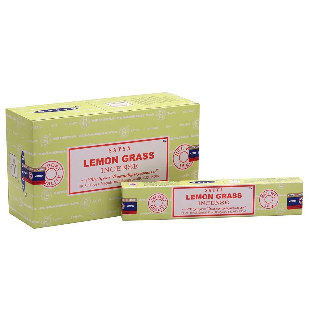 Box set of 12 packs of Satya lemongrass incense sticks with green and yellow packaging, each pack containing 10-12 sticks