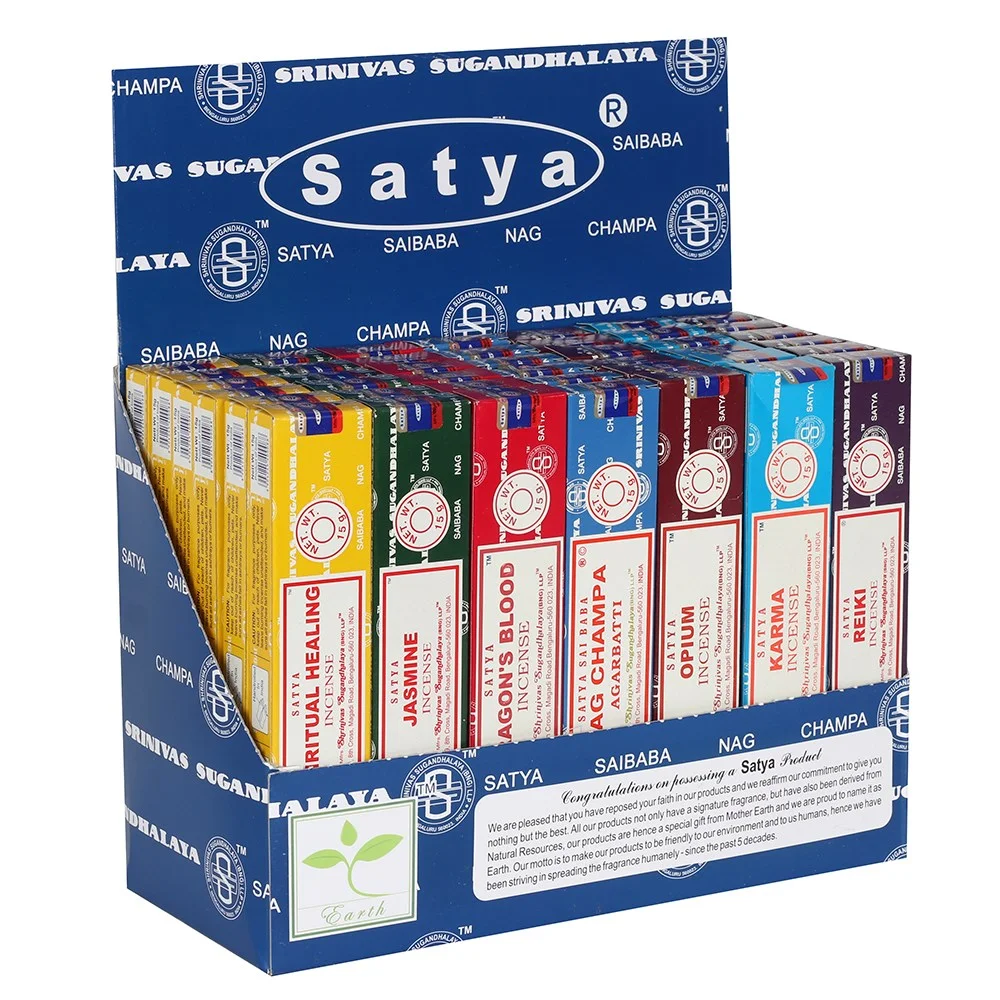 Satya incense sticks starter pack with six 15g fragrance packs in branded cardboard display box