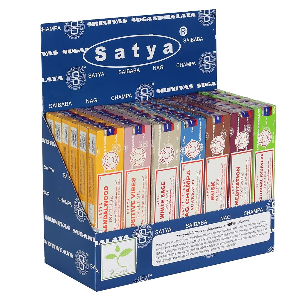 Satya incense sticks pack starter display box with 6 fragrance packs including Nag Champa and Sandalwood