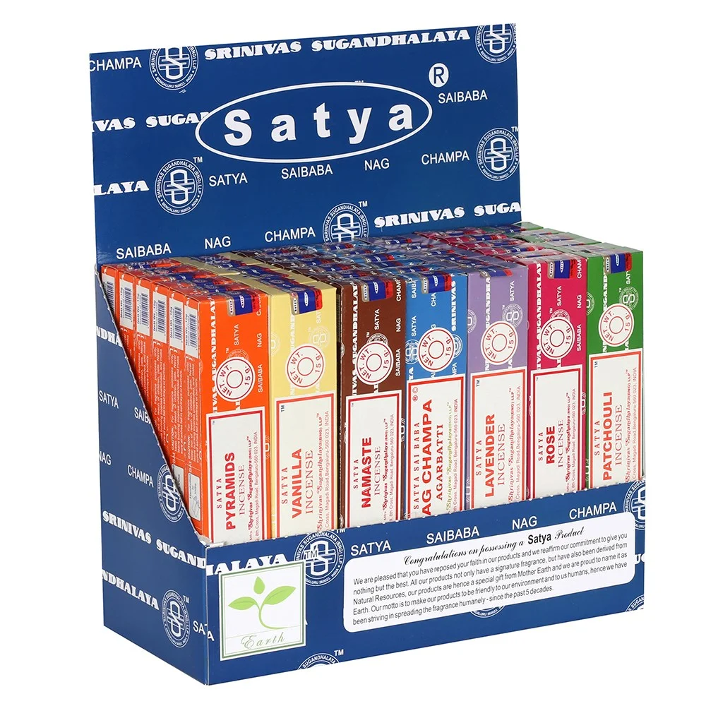 Satya incense sticks starter pack with six 15g fragrance packs in branded cardboard display box including Nag Champa and Rose