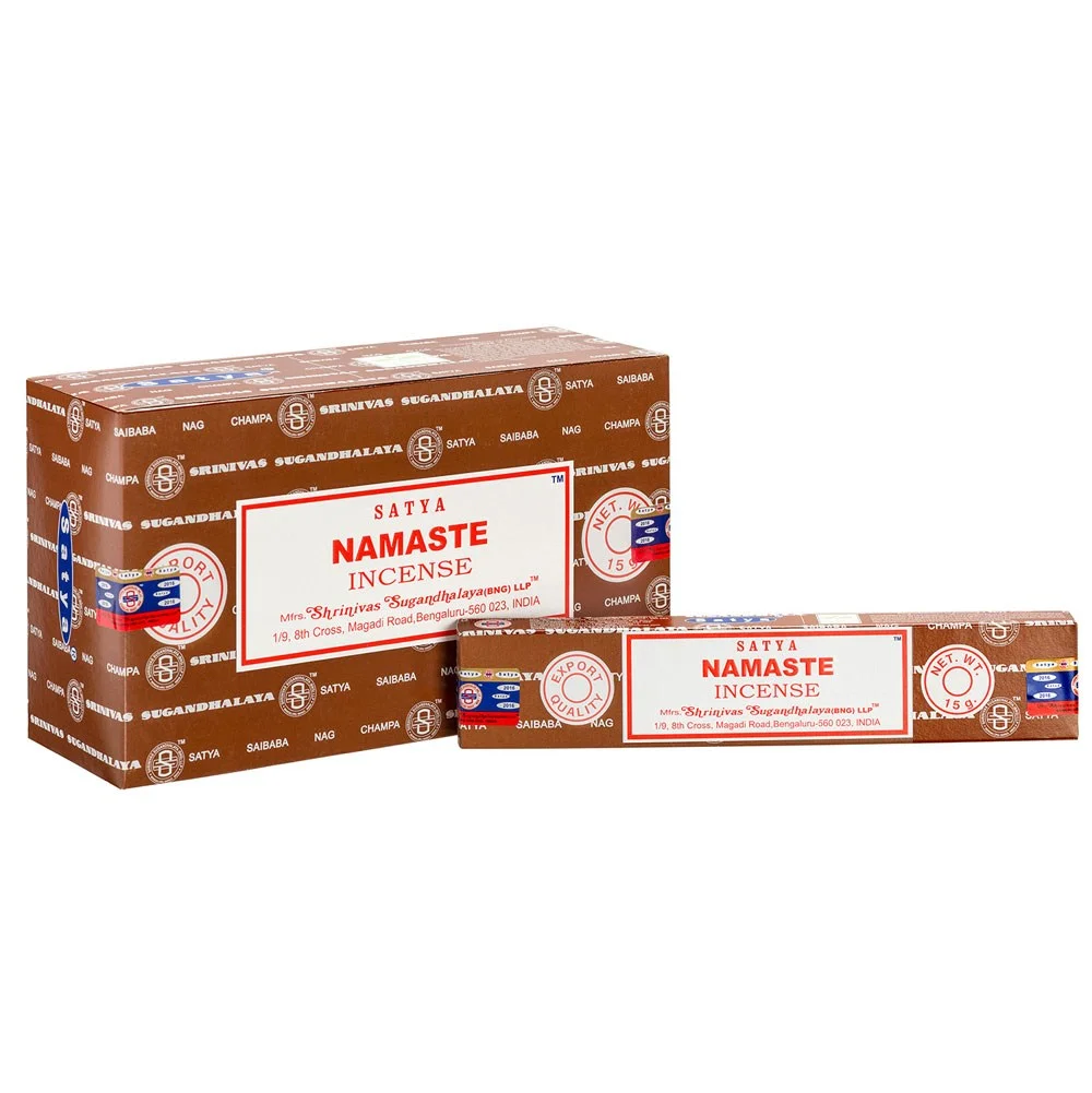 Box set of 12 Satya Namaste incense sticks packs with colorful packaging, each containing 10-12 vegan sticks