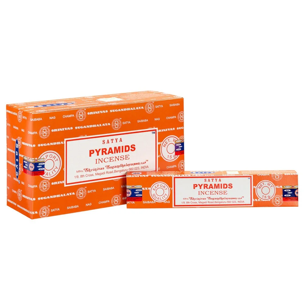 Box containing 12 packs of Satya incense sticks with pyramid design and spicy scent, handmade in India, vegan friendly