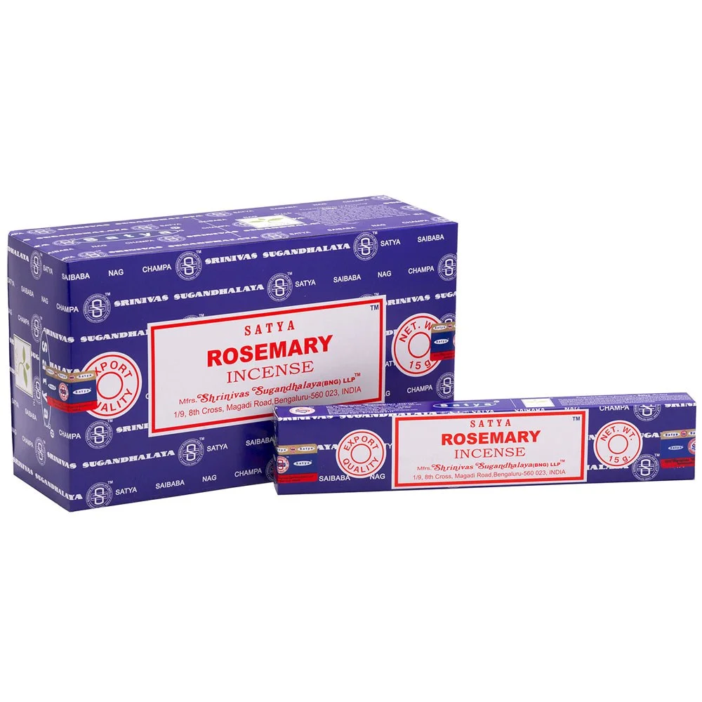 Box containing 12 packs of Satya rosemary incense sticks with herbal scent, handmade in India, vegan friendly sticks inside